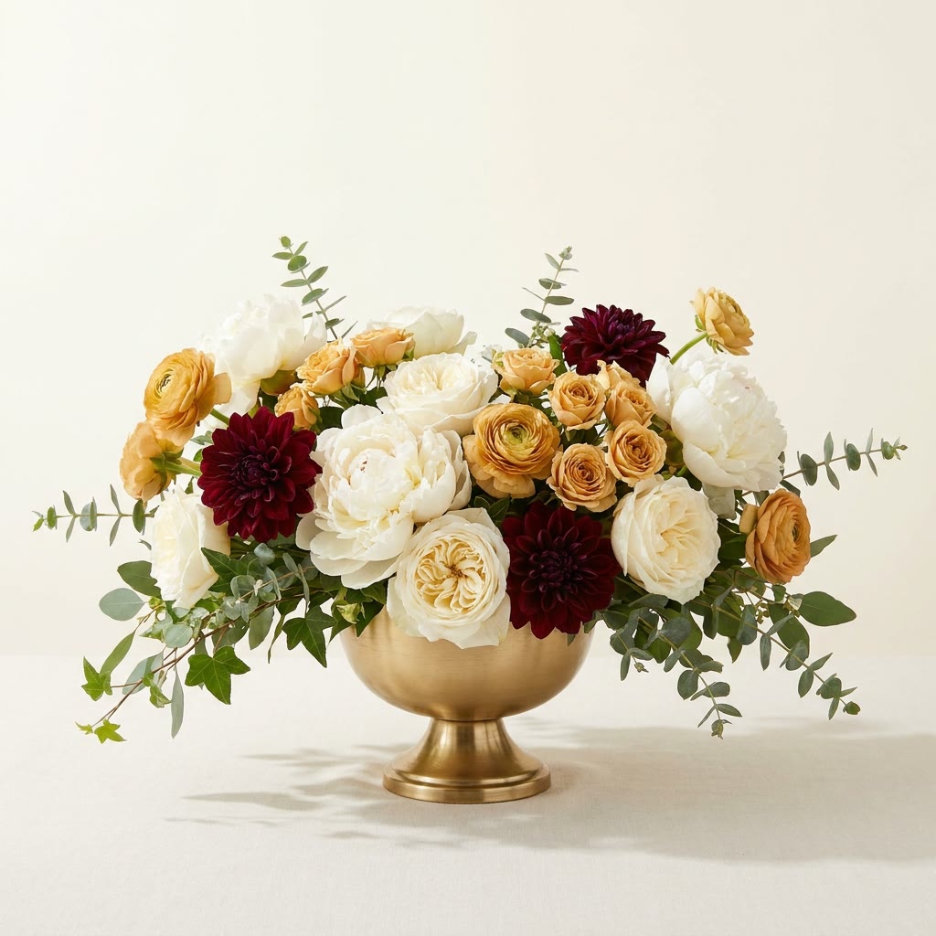 Low centerpiece arrangement in a gold vase
