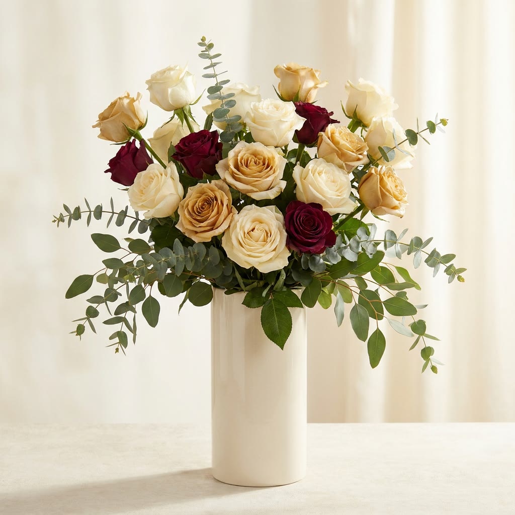 Tall elegant vase arrangement of cream and gold roses