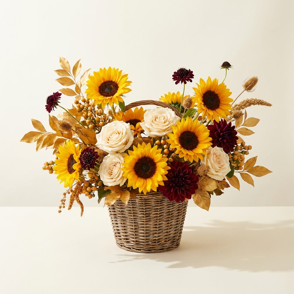 Sunflower arrangement in a woven basket