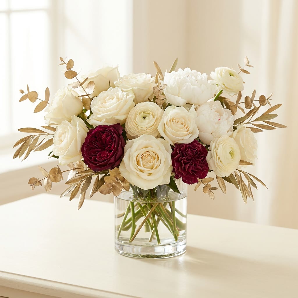 All-cream romantic arrangement with burgundy accents