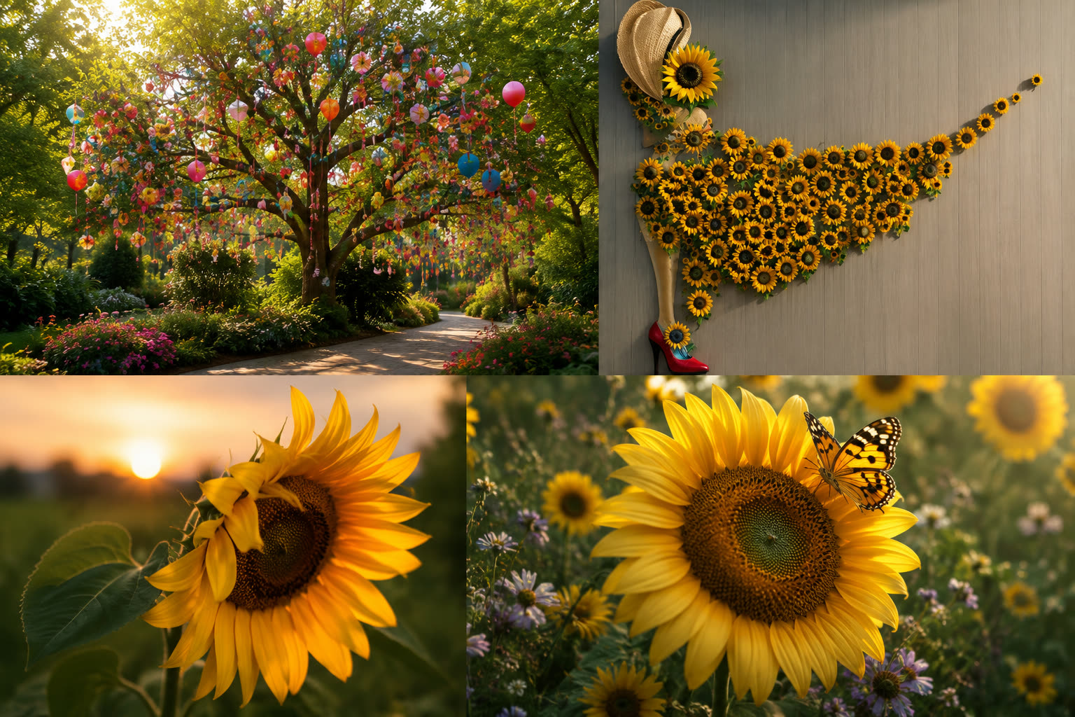 The Big's Pretty Flowers look: celebration tree, sunflower dress, and golden sunflowers